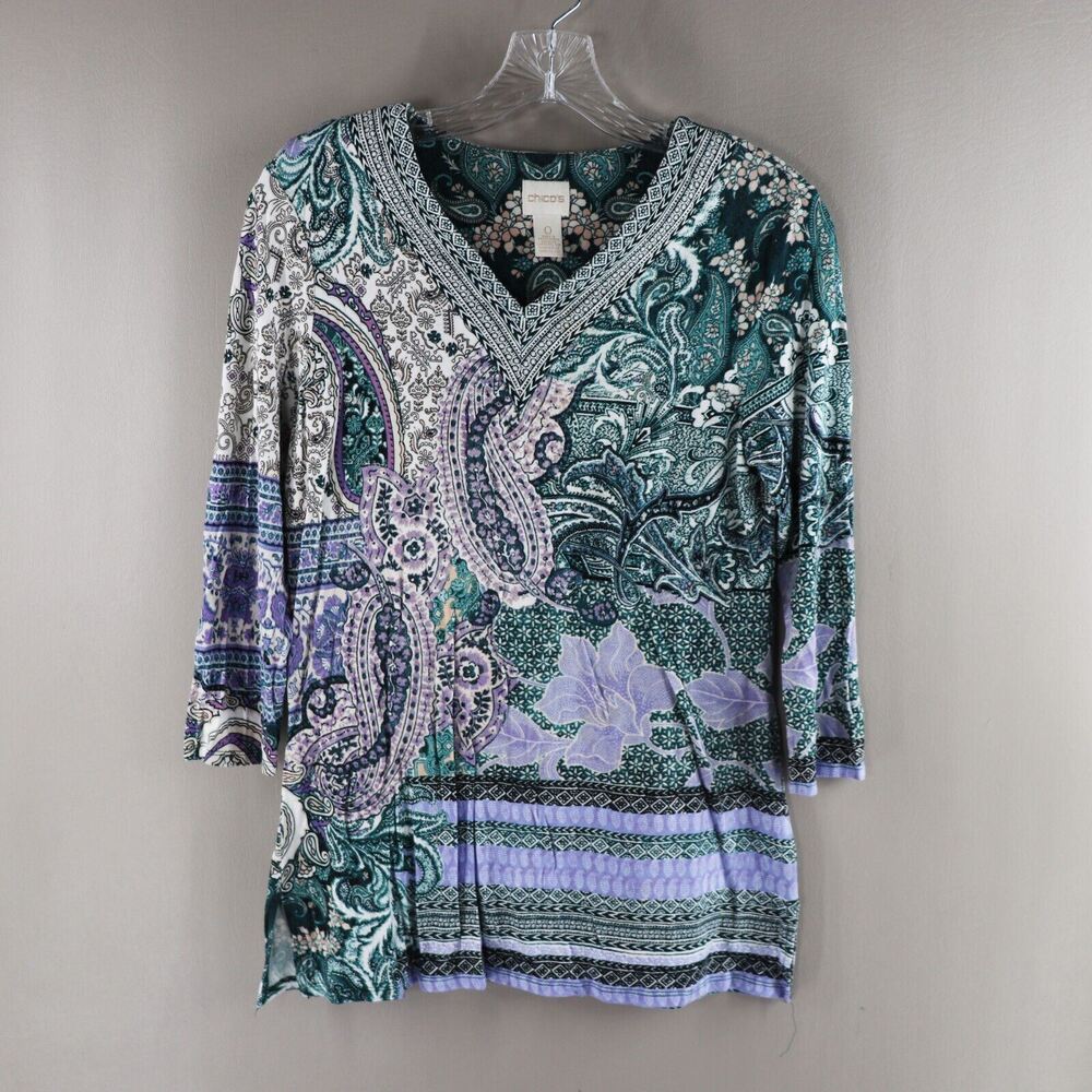 Chicos Top Women XS 4 Purple Green Boho Paisley Floral Pullover Long Sleeve